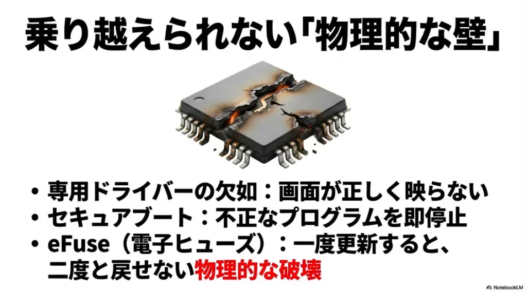 専用ドライバーの欠如、セキュアブート、電子ヒューズ（eFuse）による物理的な破壊リスクの解説