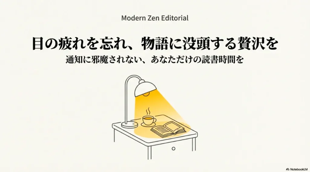 通知に邪魔されず、目の疲れを忘れて物語に没頭する贅沢な読書時間のイメージ