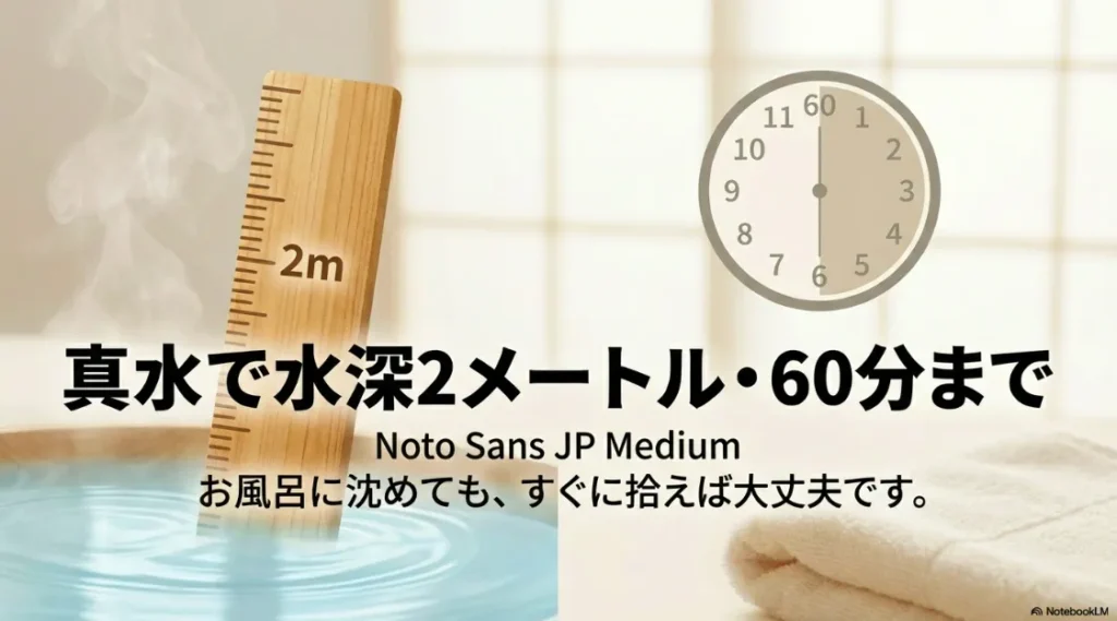 真水で水深2メートル、最大60分まで耐えられるIPX8規格の防水性能解説