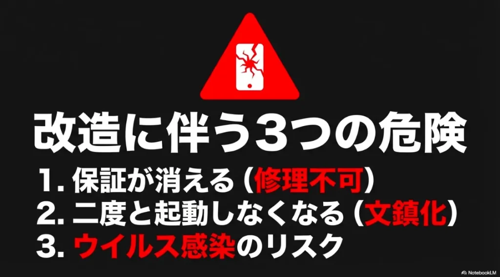 保証喪失（修理不可）、文鎮化（起動不能）、ウイルス感染の3つのリスクを警告するリスト