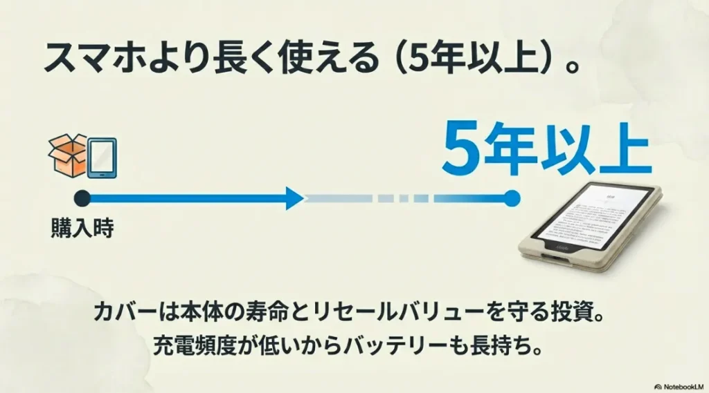 スマホより長い5年以上の寿命があることや、カバーは本体の寿命と価値を守る投資であることを示すスライド