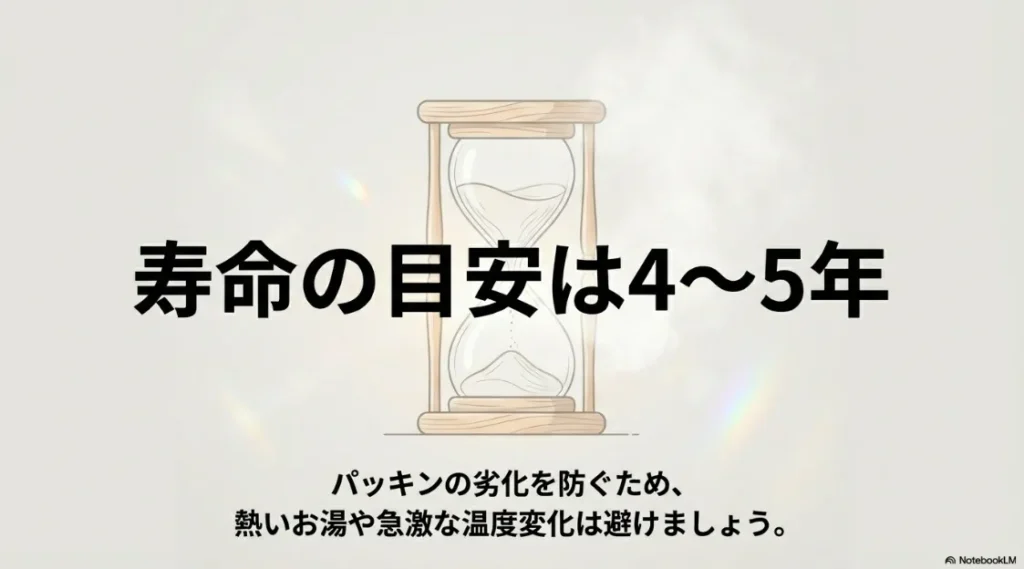 寿命の目安4〜5年と、パッキン劣化を防ぐための高温・温度変化への注意