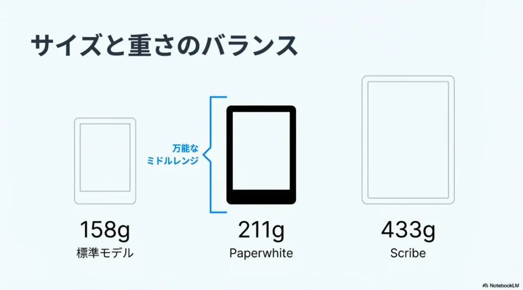 標準モデル(158g)、Paperwhite(211g)、Scribe(433g)の3機種を比較。Paperwhiteが「万能なミドルレンジ」であることを示す図