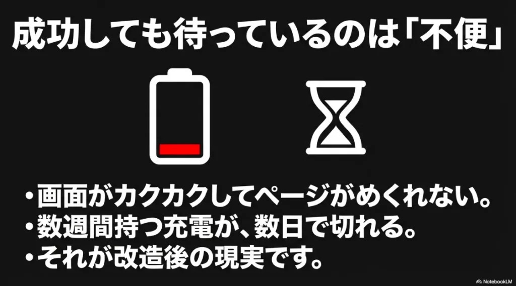 改造後に発生する画面のカクつきや、数週間持つバッテリーが数日で切れる等の現実を示すイラスト