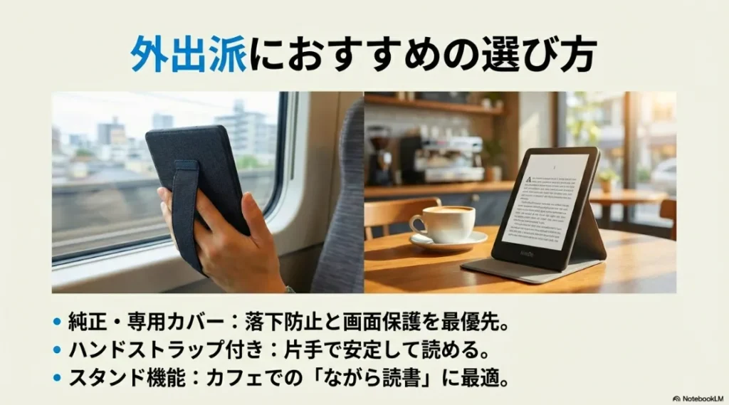 純正・専用カバー、ハンドストラップ付き、スタンド機能など、外出先での読書を便利にするカバーの特徴を紹介