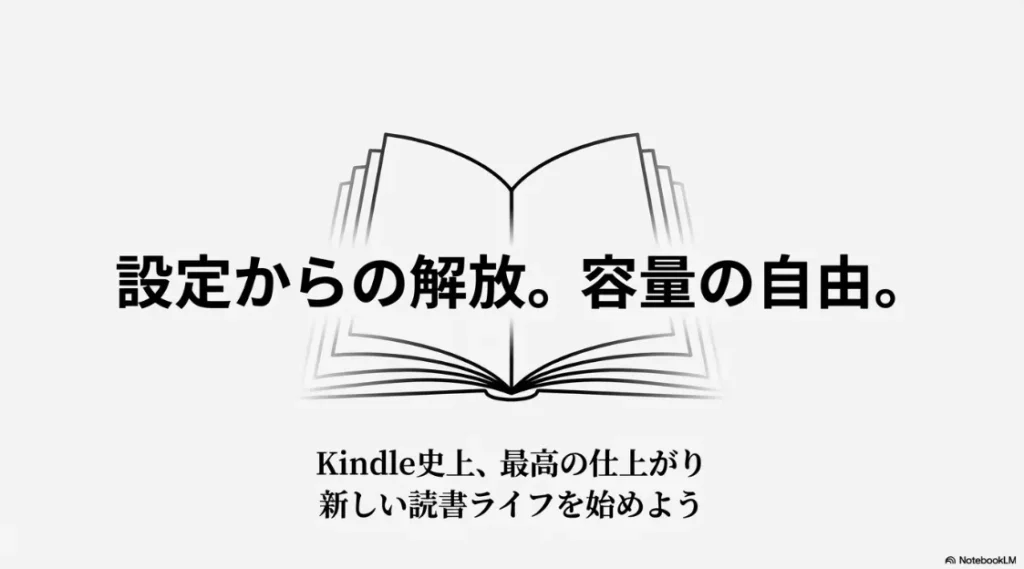 Kindle史上最高の仕上がりで、設定や容量の悩みから解放された新しい読書ライフを提案するスライド