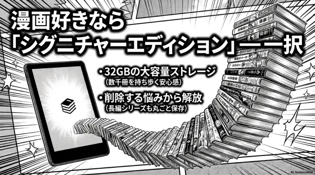32GBの大容量ストレージで数千冊の漫画を持ち歩けるシグニチャーエディションの紹介
