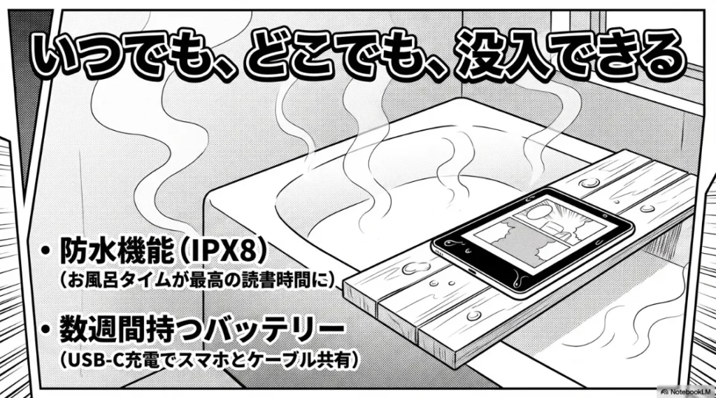 IPX8防水機能でお風呂読書が可能、数週間持つバッテリーとUSB-C充電の解説
