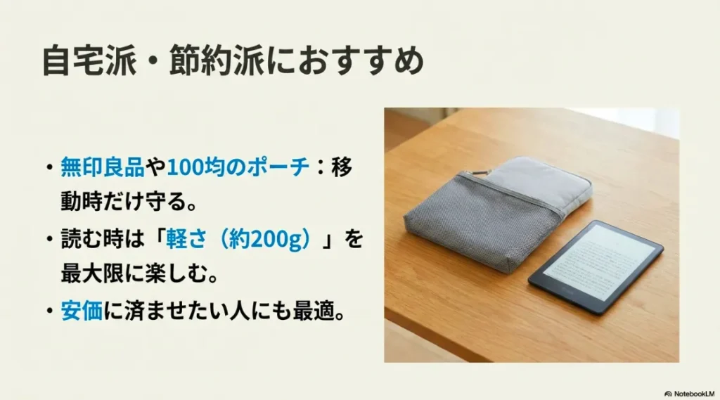 無印良品や100均のポーチを活用し、移動時だけ守り、読む時は本体の軽さ（約200g）を楽しむスタイルを提案