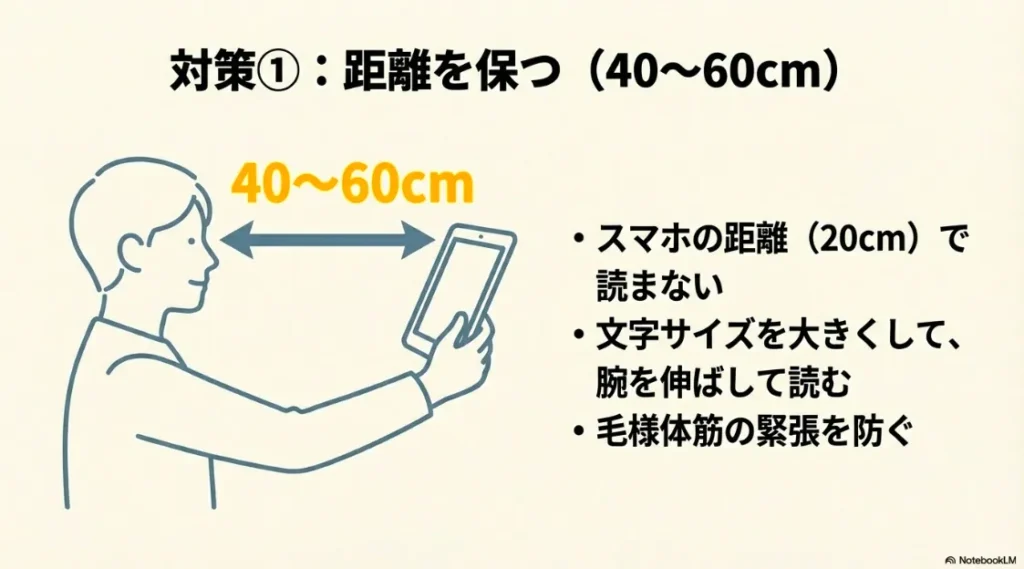 目への負担を減らすため、$40\sim60cm$の距離を保ち、文字サイズを大きくして読むことの推奨