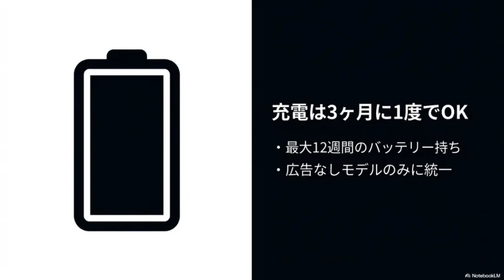 充電は3ヶ月に1度でOKな最大12週間のバッテリー持ちと広告なしモデル統一の案内