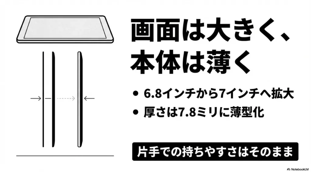 画面サイズが6.8インチから7インチに拡大し、厚さが7.8ミリに薄型化した比較データ