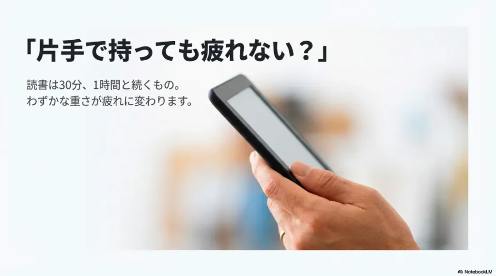 「片手で持っても疲れない？」という問いかけと、30分、1時間と続く読書において、わずかな重さが疲れに変わるリスクを説明するスライド