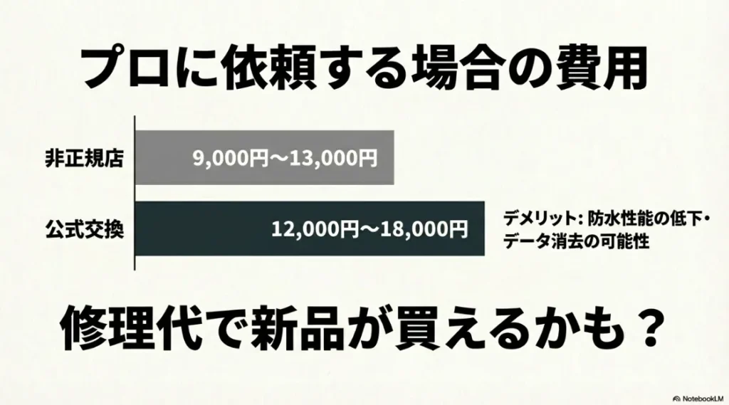 非正規店（9,000円〜13,000円）と公式交換（12,000円〜18,000円）の費用目安と、防水性能低下のリスクを比較した画像