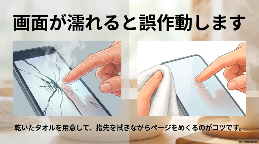 濡れた画面での誤作動防止のために乾いたタオルで指先を拭きながら操作するイメージ