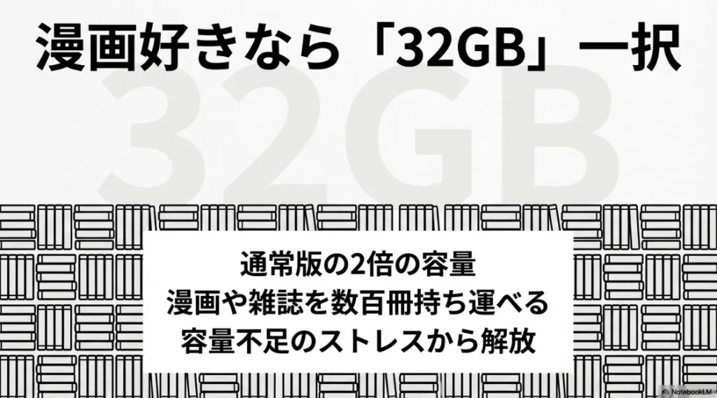 通常版の2倍の容量で、漫画や雑誌を数百冊持ち運べる32GBモデルの容量的メリットを説明するスライド