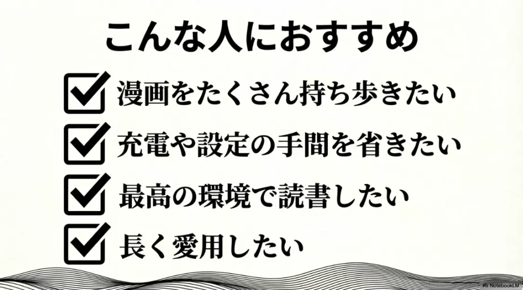 漫画の大量持ち歩きや充電の手間削減、最高の環境での読書を求める人におすすめな理由をまとめたスライド