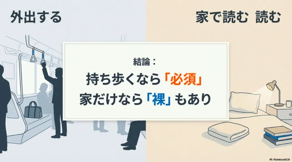 電車のイラストとともに、外出するなら「必須」、家だけなら「裸」もありという結論をまとめた図解