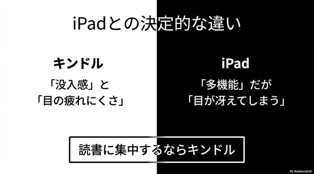 読書への没入感と目の疲れにくさを軸としたKindleとiPadの比較スライド