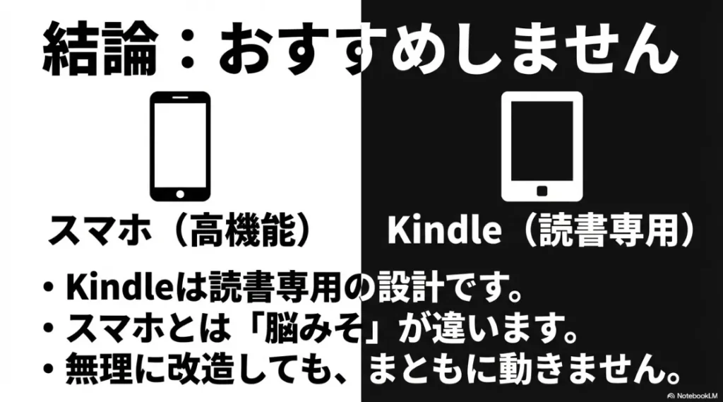 高機能なスマホと読書専用のKindleを比較し、設計（脳みそ）が違うため改造は非推奨とする図解