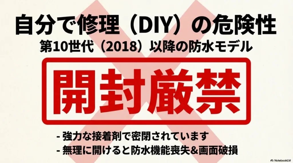 第10世代以降の防水モデルは強力な接着剤で密閉されており、無理に開けると防水機能喪失や画面破損のリスクがあることを示す「開封厳禁」の警告画像