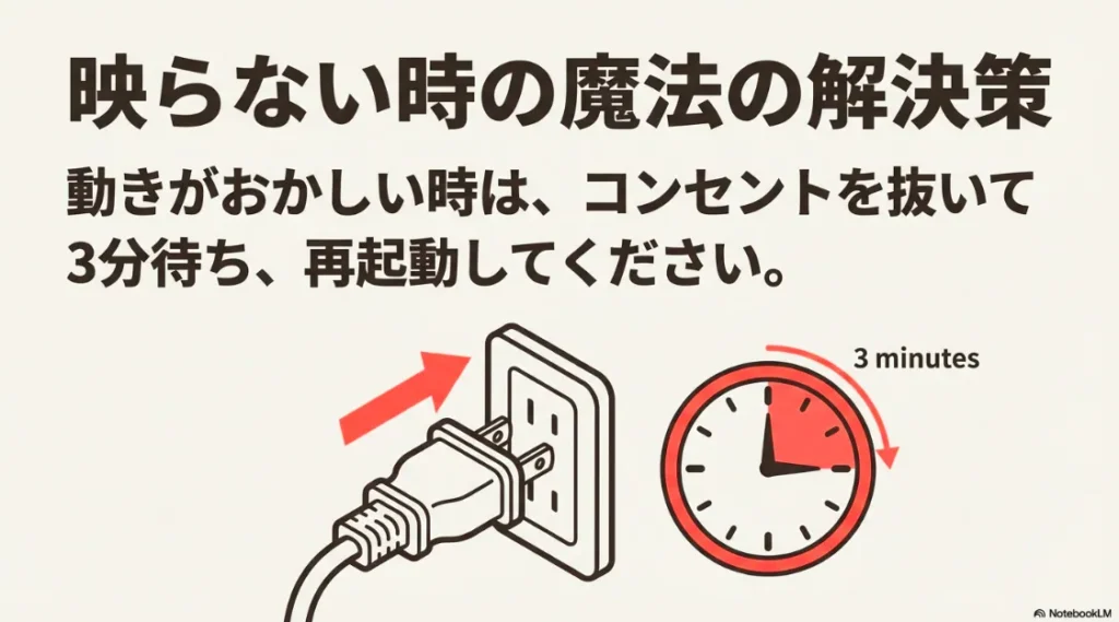動きがおかしい時にコンセントを抜いて3分待ち、再起動することで不具合を解消する方法