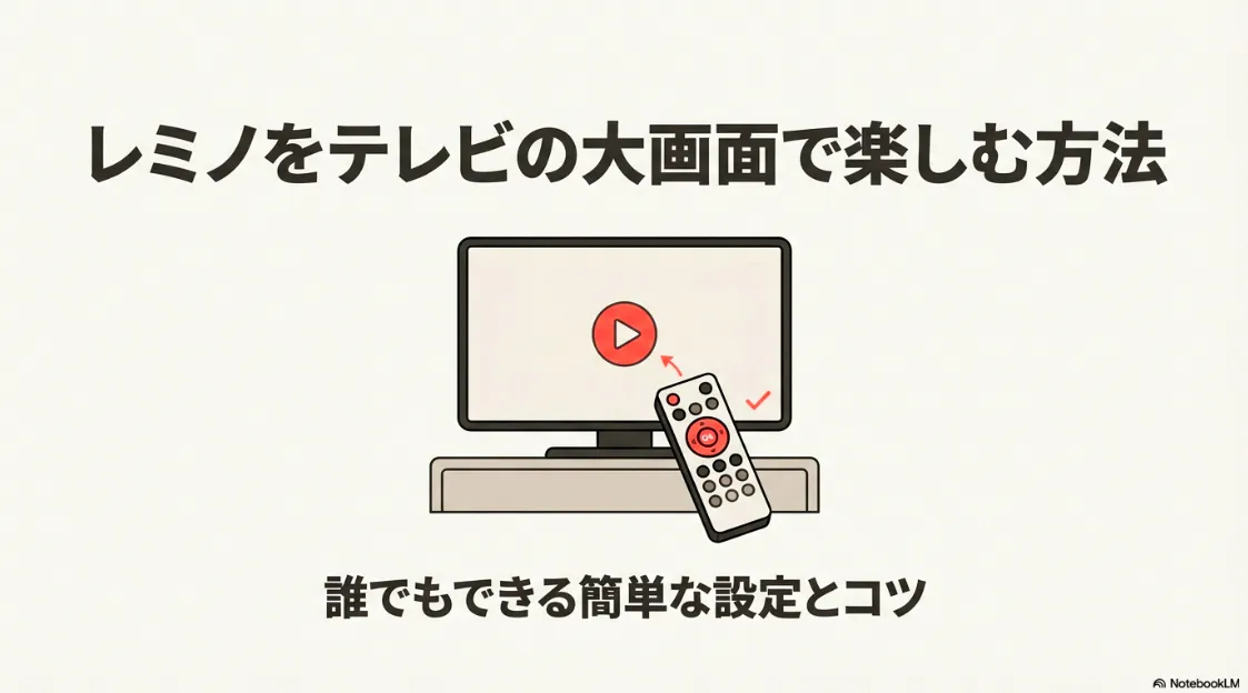 レミノをテレビの大画面で楽しむ方法。誰でもできる簡単な設定とコツを解説するタイトルスライド