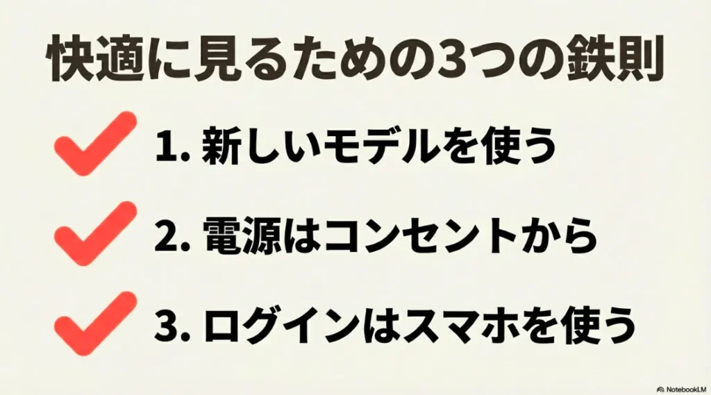 新しいモデルの使用、コンセント給電、スマホログインの3点をまとめた快適視聴ガイド