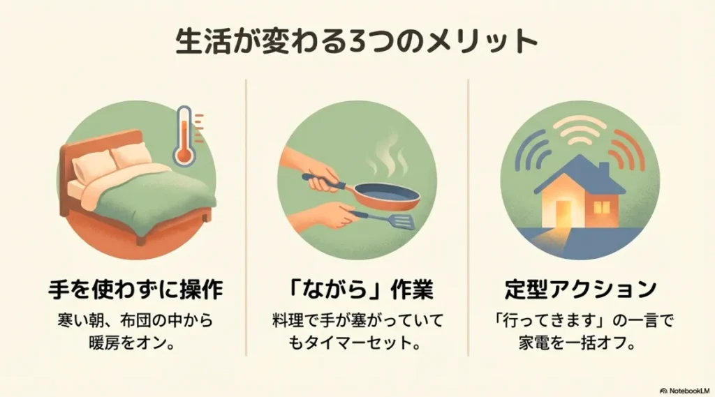 手を使わない操作、家事の「ながら」作業、一言で家電を消す定型アクションの3つの利点
