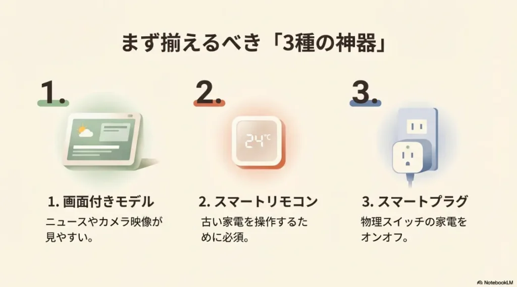 画面付きモデル、スマートリモコン、スマートプラグの3つの必須アイテムの紹介