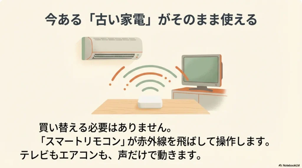 赤外線を飛ばすスマートリモコンにより、買い替えなしで古いテレビやエアコンを操作できる仕組み