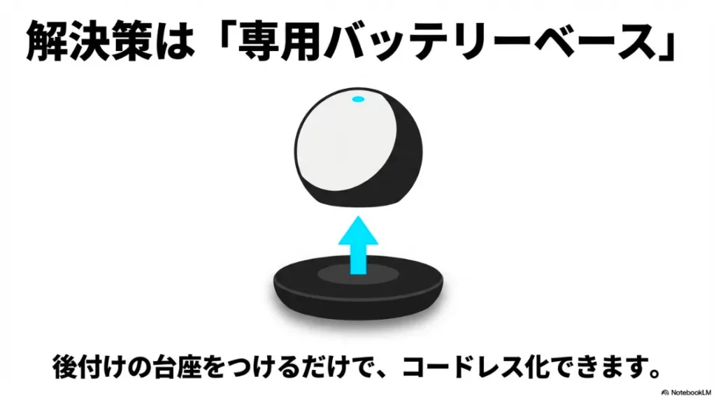 Echo本体を専用のバッテリー台座に装着するイメージ図。後付けでコードレス化する解決策