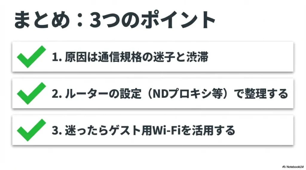 原因の把握、ルーターでの整理、ゲスト用Wi-Fiの活用というトラブル解決の要点