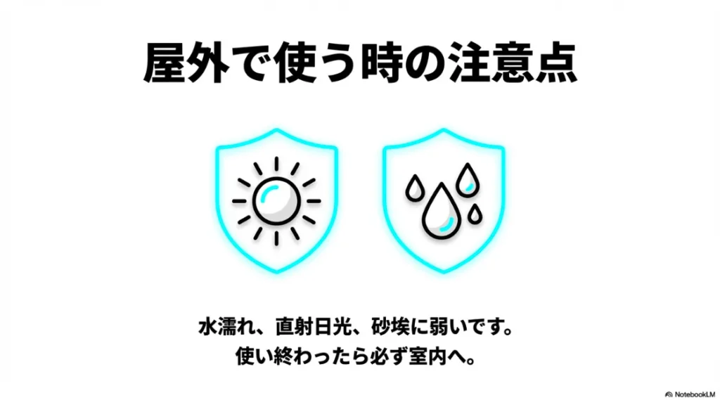 盾と太陽のアイコン。水濡れ・直射日光・砂埃に弱いため、使用後は室内へ戻すよう促す警告イメージ