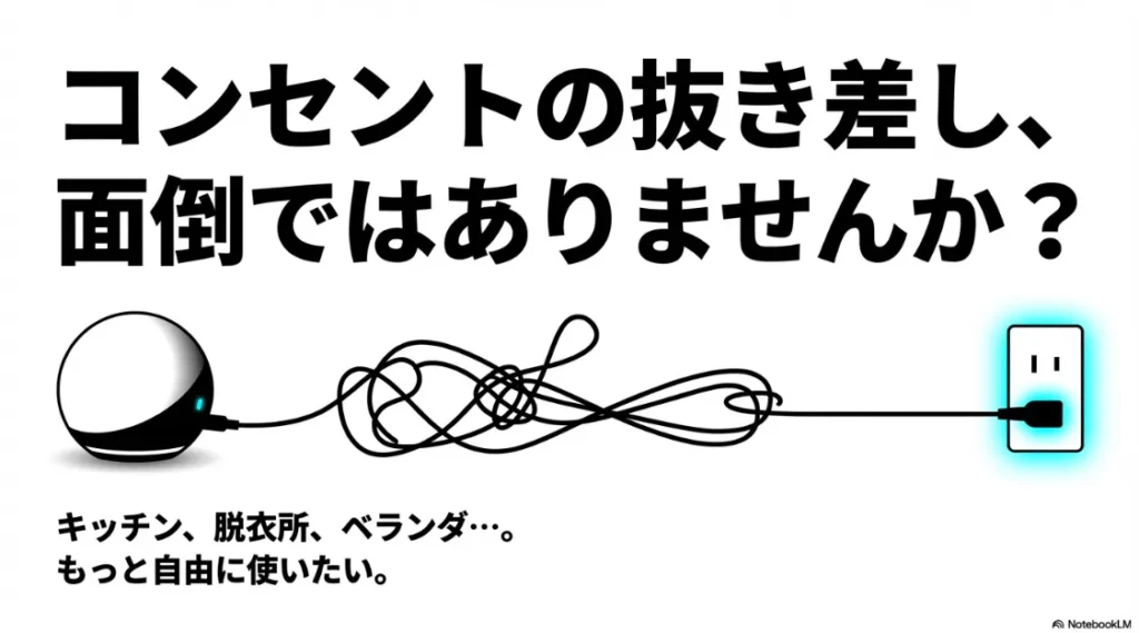 複雑に絡まった電源コードとコンセントのイラスト。家じゅう持ち運びたいニーズを表現