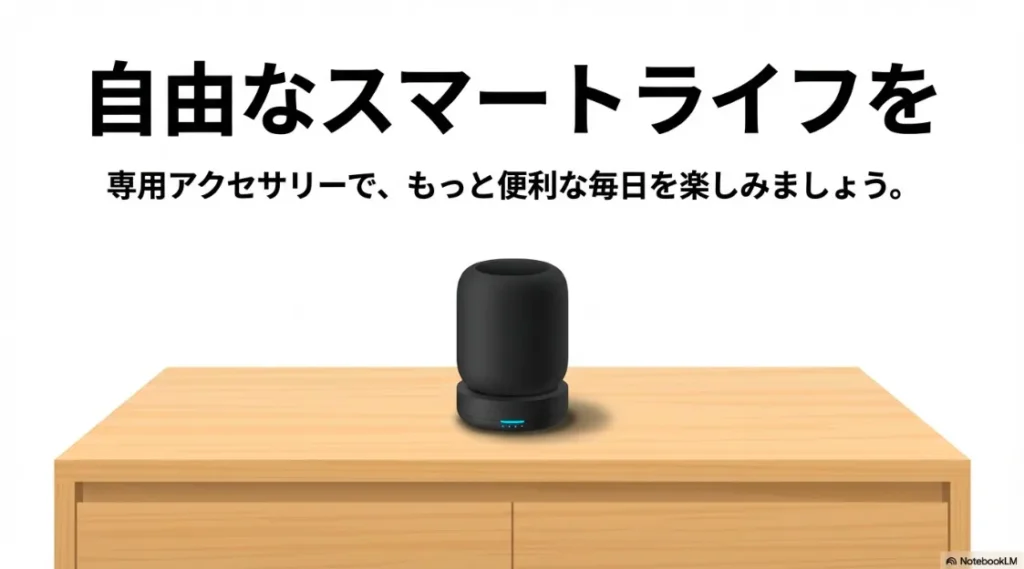 「自由なスマートライフを」というテキスト。専用アクセサリーを活用して便利になった毎日をイメージ