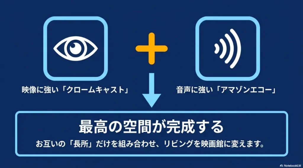 映像に強いChromecastと音声に強いAmazon Echoを組み合わせてリビングを映画館に変える図解