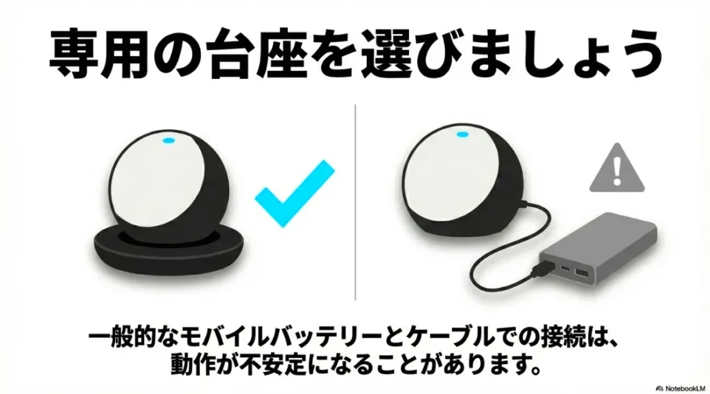専用台座（チェック印）と汎用モバイルバッテリー（警告印）の比較図。動作の安定性に関する比較