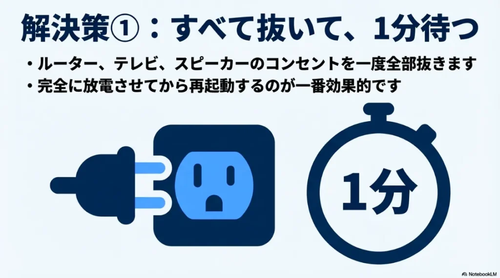 ルーター、テレビ、スピーカーのコンセントを全て抜き、1分待って完全に放電させてから再起動する手順