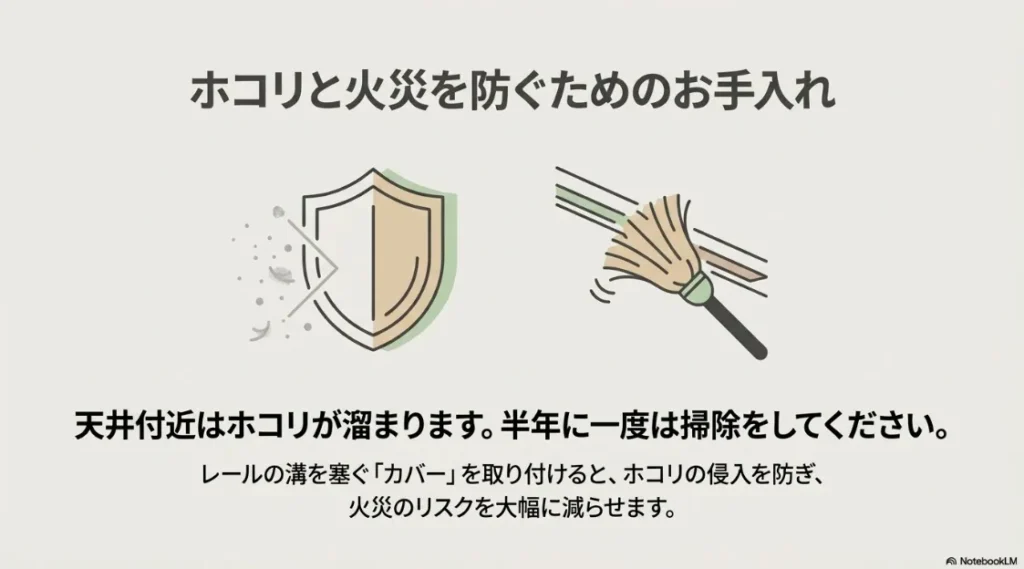 レールの溝を塞ぐカバーの活用と、定期的な掃除でトラッキング現象を防ぐための解説図