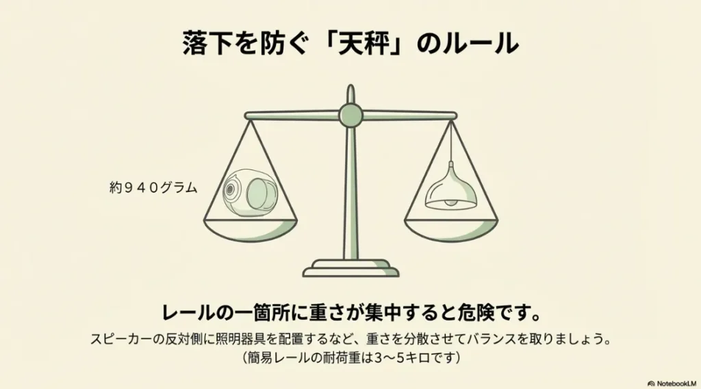 スピーカーの反対側に照明を配置して、ダクトレールの荷重バランスを均一にするイメージ図