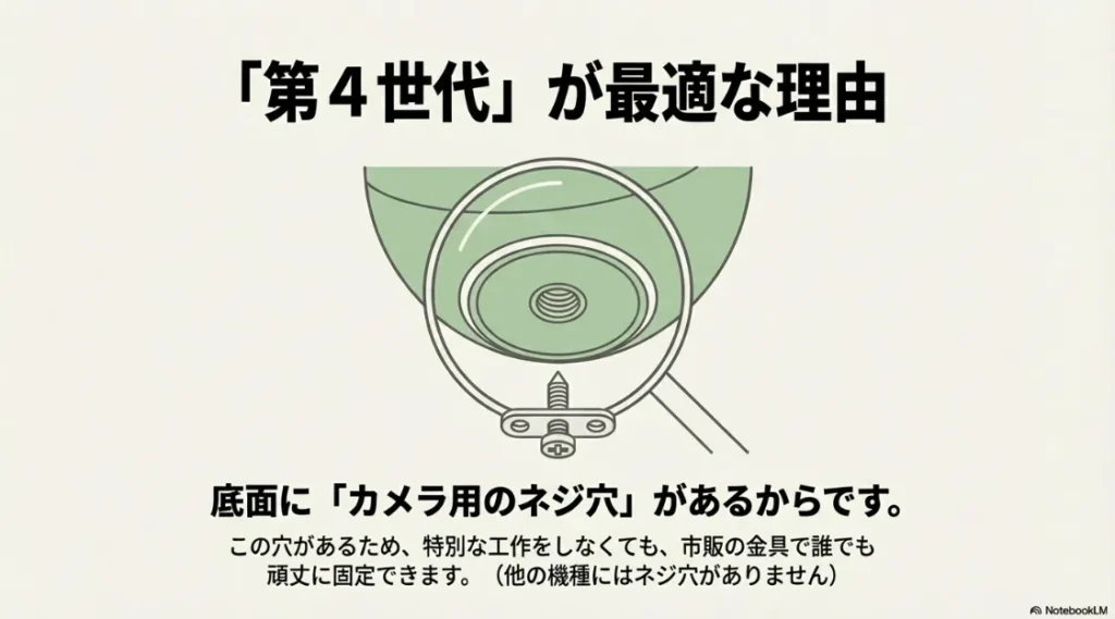 Amazon Echo 第4世代の底面にある、市販の金具を固定するための1/4インチネジ穴のアップ画像