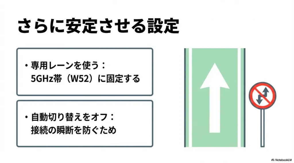 5GHz帯（W52）への固定や、接続の瞬断を防ぐための自動切り替えオフの設定