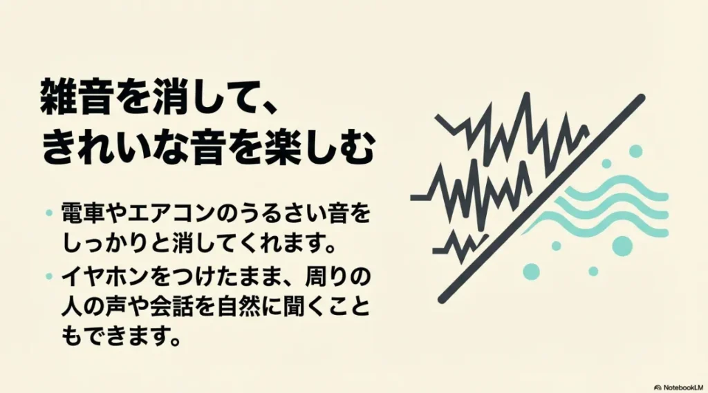 ノイズキャンセリング機能と周囲の音を聞けるアンビエントモードの説明スライド