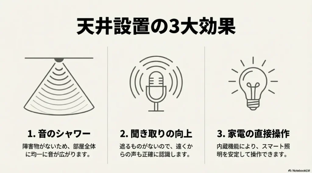 音の広がり、マイク認識の向上、スマート照明操作の安定という天井設置のメリット解説図