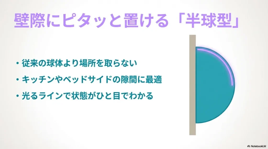 壁際に置ける半球型デザインの特徴と、キッチンやベッドサイドに適していることを説明する画像