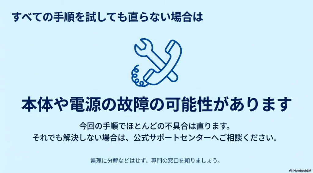 故障の可能性がある場合に、無理に分解せず公式サポートセンターへ相談するよう促す案内