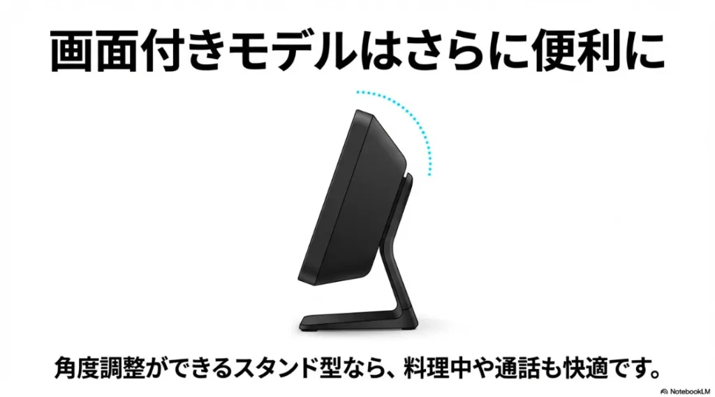 横から見たEcho Showと角度調整可能なスタンドの画像。キッチンでの利用や通話に便利な角度調整機能を説明