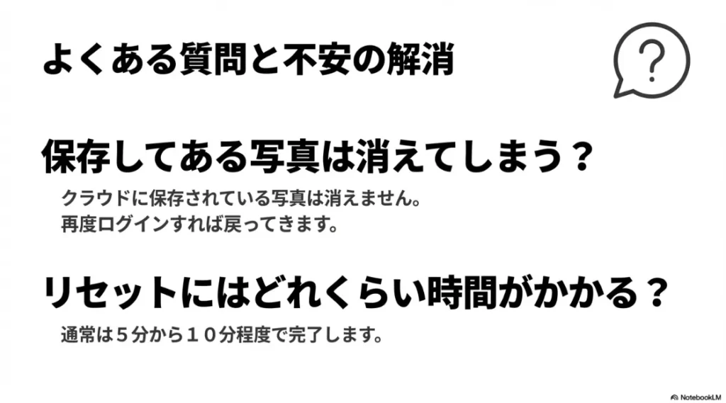 クラウドの写真が消えないことや、リセットにかかる時間の目安に関するFAQ