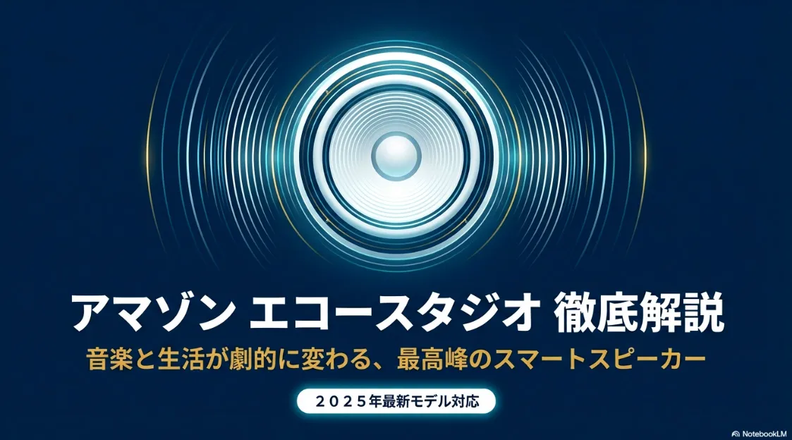 Amazon Echo Studio 2025年最新モデルの徹底解説。音楽と生活を劇的に変える最高峰のスマートスピーカーであることを示す表紙スライド